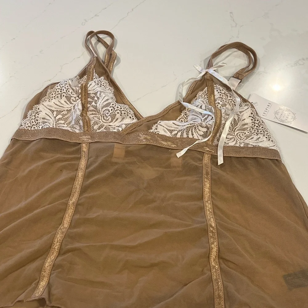 NWT Inspire Psyche Terry Tan and Pale Pink  Lace  Cami and Thong Set‎ - Picture 5 of 11